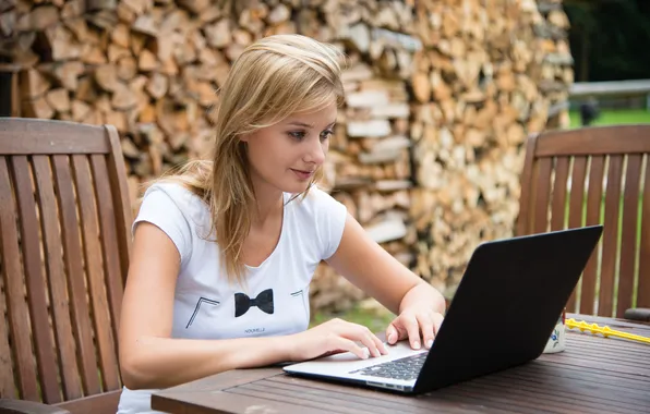 Model, Blonde, Anna Tatu, Laptop, Woman Outdoors