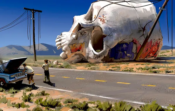 Picture car, sake, fantasy, graffiti, road, men, digital art, artwork
