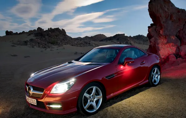 Picture auto, red, desert, Mercedes