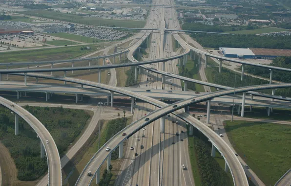 Picture road, bridge, interchange, cars, fork