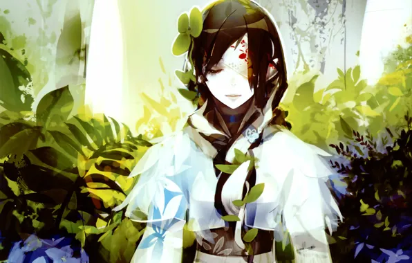 Sadness, girl, blood, headband, the bushes, art, hydrangea, drape