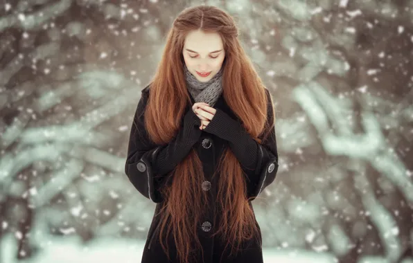 Winter, girl, snow, nature, hands, red, snowfall, coat