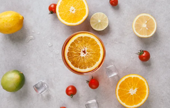 Lemon, ice, oranges, lime, lemon, ice, fruit, vegetables