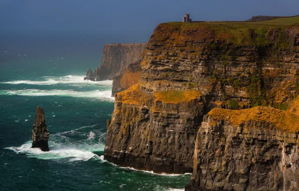 Sea, rocks, tower, Ireland, County Clare