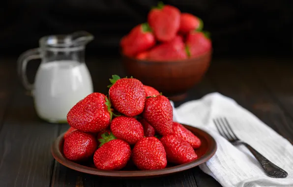 Berries, Board, milk, strawberry, plate, bowl, pitcher, plug