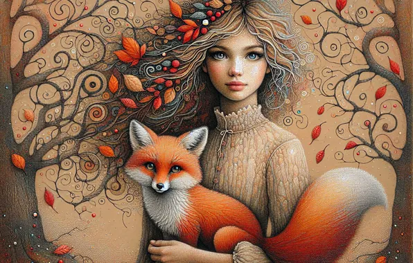 Autumn, leaves, girl, trees, branches, pattern, styling, Fox