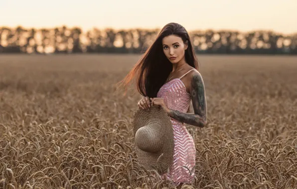 Picture wheat, chest, girl, model, hat, tattoo, Louis of Navarre, Anna Sakharov