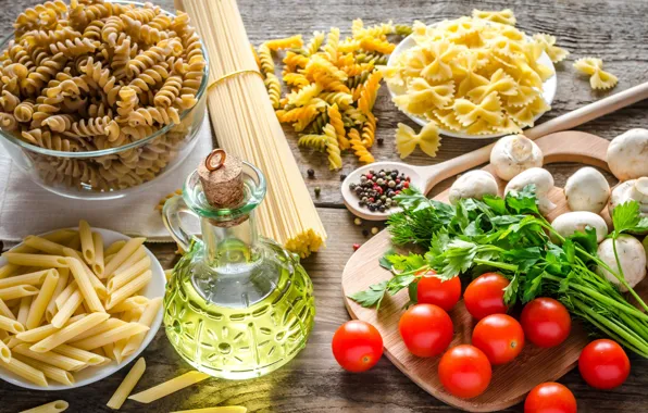 Greens, mushrooms, oil, tomatoes, pasta