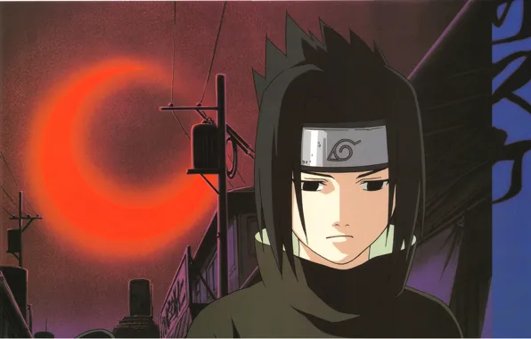 Picture Naruto, Sasuke Uchiha, blood moon, Konoha, Kanohi, bandage on forehead