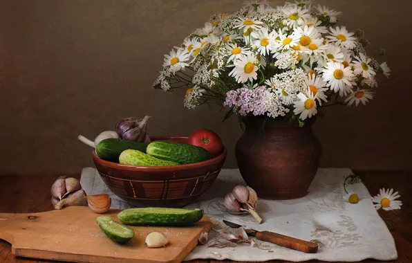 Summer, flowers, chamomile, towel, bouquet, knife, pot, bowl
