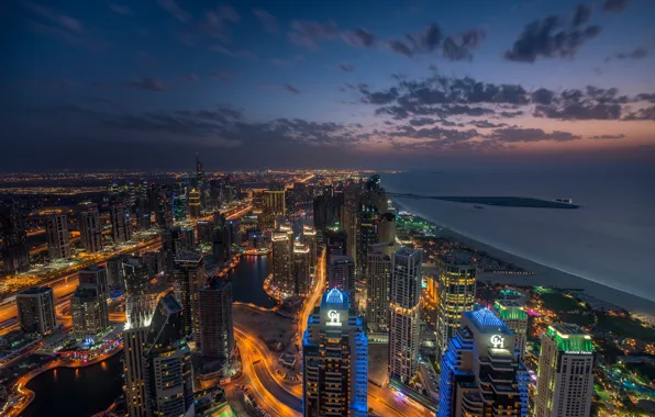 Sea, the sky, clouds, night, the city, lights, darkness, lights