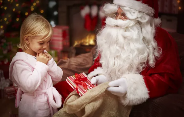 Smile, room, gift, child, Christmas, girl, New year, Santa Claus