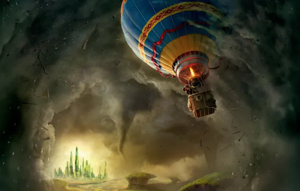 Picture balloon, castle, fantasy, tornado, hurricane, flies, poster, gondola