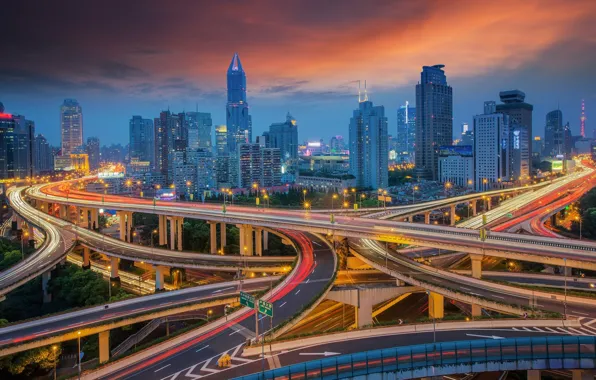 Sunset, the city, road, China, Shanghai, Shanghai