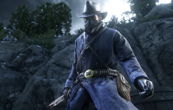 Mountains, hat, mask, knife, gloves, revolver, Rockstar, Bandit