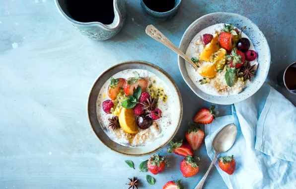 Berries, coffee, Breakfast, milk, strawberry, fruit, cherry, porridge