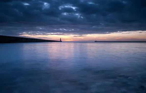 Sea, landscape, night, lighthouse