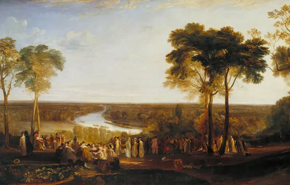 Trees, landscape, river, people, picture, William Turner, on the Prince Regent’s Birthday, Richmond Hill