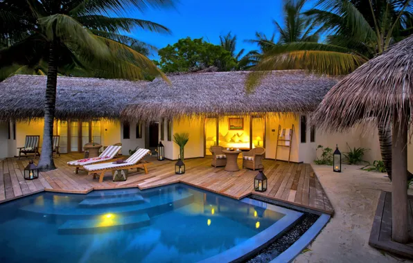 Picture palm trees, furniture, bed, the evening, candles, pool, chairs, house