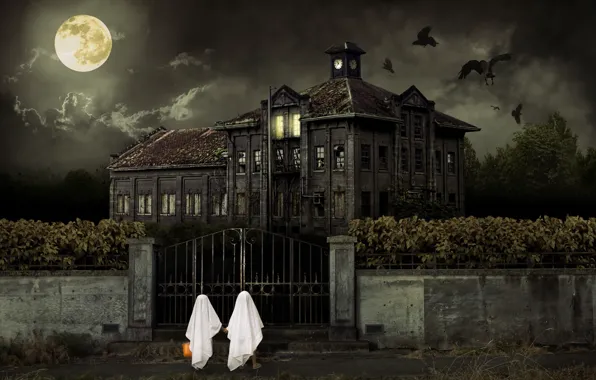 Halloween, CHILDREN, The SKY, CLOUDS, HOUSE, NIGHT, The MOON, WHITE
