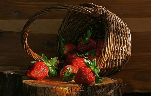 Picture basket, stump, strawberry