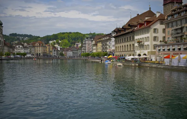 Picture the sky, trees, bridge, river, home, Switzerland, Lucerne