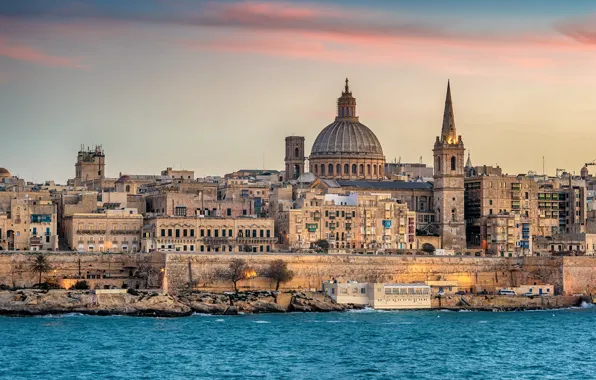 Picture sea, building, the evening, Malta, Valletta