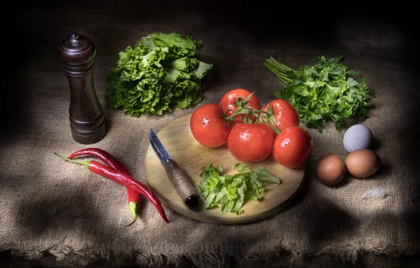Still life, vegetables, tomatoes, cabbage