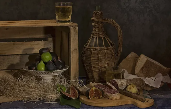 Wine, still life, sandwich, figs