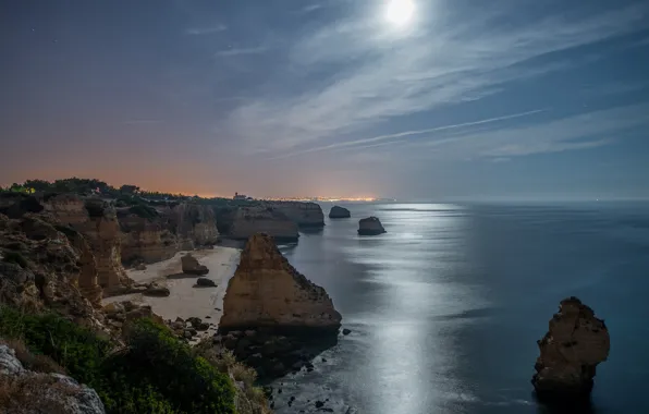 Light, moon, sea, night, rocks, romantic, harmony