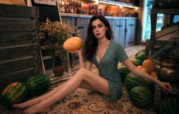 Girl, pose, feet, watermelon, melon, Oleg Demyanchenko