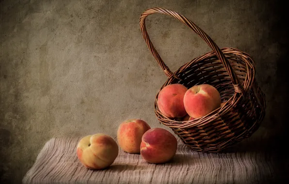 Still life, basket, peaches