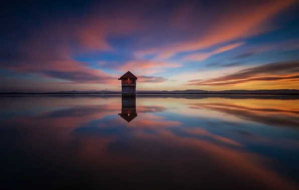 The sky, clouds, light, reflection, sunset, lake, the evening, house