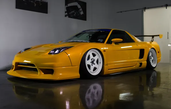 Picture yellow, Acura, NSX, white. wheels