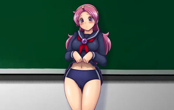 Girl, sexy, lingerie, school uniform, panties, pink hair, long hair, boobs