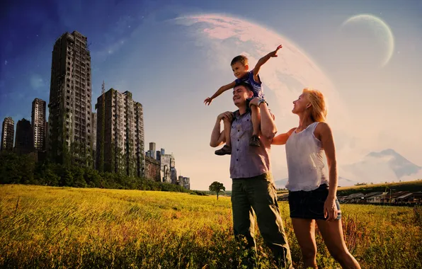 Picture field, the sun, nature, the city, family, art