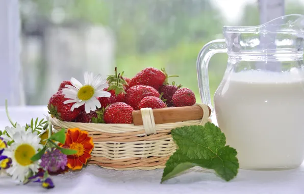 Picture flowers, berries, chamomile, milk, strawberry
