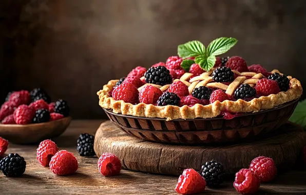 Leaves, berries, raspberry, the dark background, table, Board, blueberries, pie
