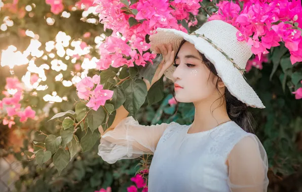 Girl, flowers, pose, portrait, branch, spring, hat, profile