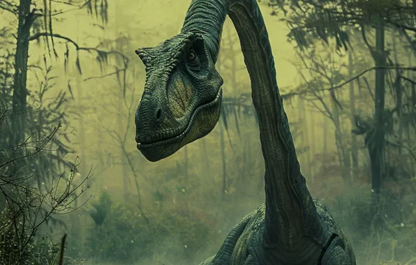 Water, Fog, Lake, Trees, Face, Dinosaur, Neck, Animal