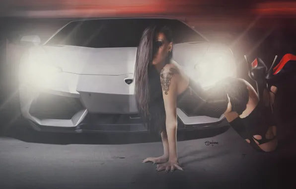 Lamborghini, Girl, White, LP700-4, Aventador, Supercar, Heels, Hair