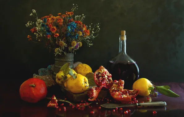 Bottle, bouquet, garnet, quince