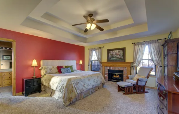 Design, room, bed, interior, the ceiling, fireplace, bedroom