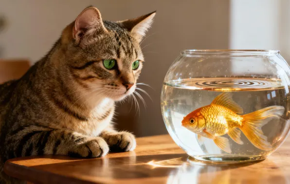 Cat, cat, look, pose, interest, table, grey, aquarium