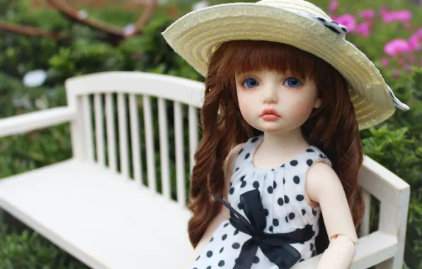 Flowers, hair, doll, polka dot, shop, hat, bow, blue eyes