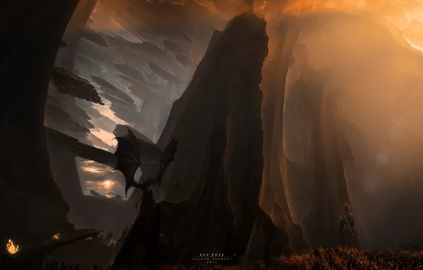Sunset, mountains, dragon, warrior, Art, Fantasy, KuldarLeement
