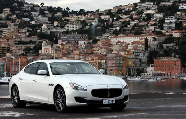 Maserati, Quattroporte, Water, The city, White, Logo, Background