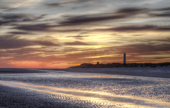 Sea, sunset, shore, lighthouse