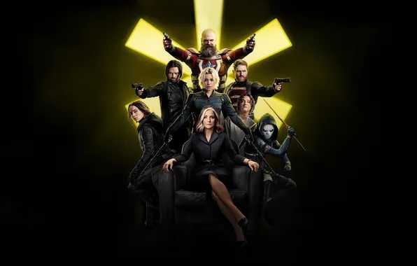 Weapons, guns, chair, Olga Kurylenko, black background, Olga Kurylenko, poster, characters