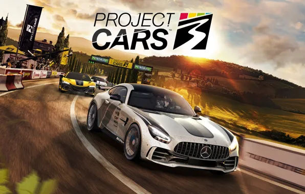 Landscape, sunset, machine, race, track, cars, Project Cars 3